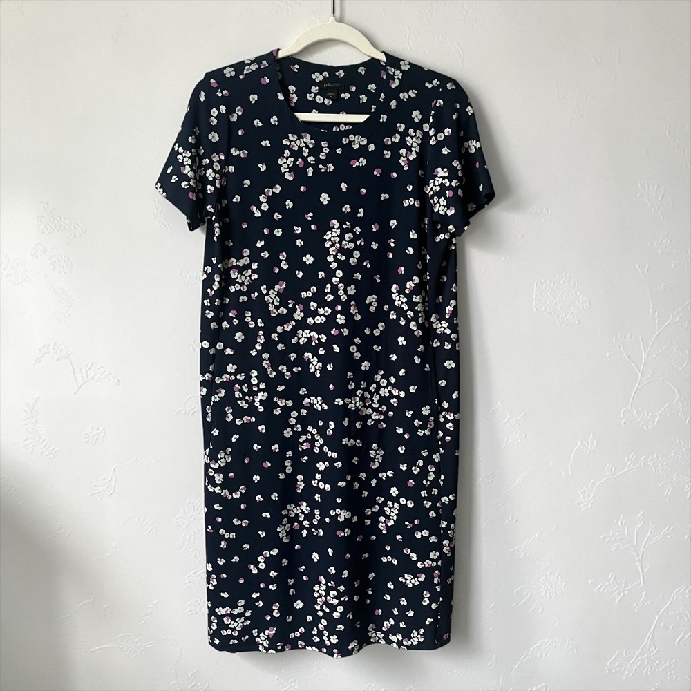 J. Jill Wearever Jersey Knit Shift Dress Women's XS Navy Blue Floral Modest Soft